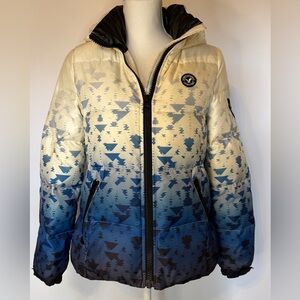 Blue & cream duck down filled puffer jacket w/ faux fur hood & pockets size S